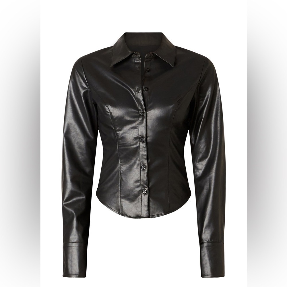 NIA Faux Leather Brielle Button Up Black Shirt Size Medium NWT - Picture 5 of 11